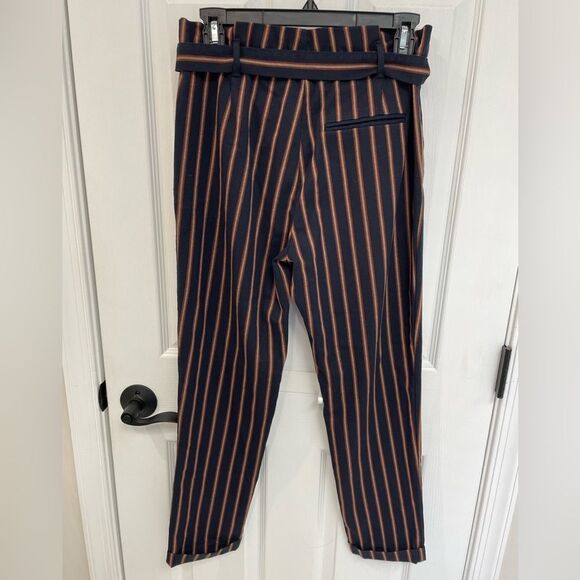 Zara Trafaluc Collection Paper Bag Waist Navy Striped Ankle Pant Women’s Size XS - Picture 2 of 5